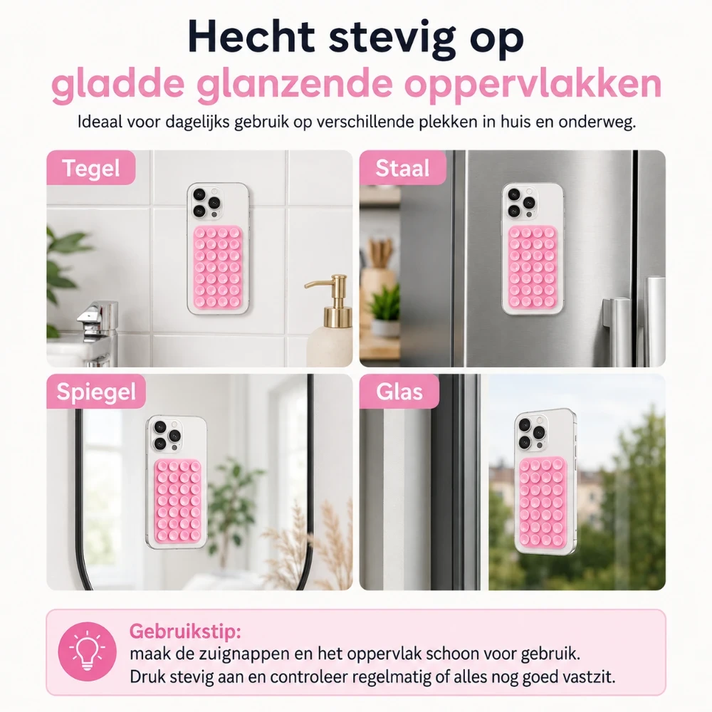 Dubbelzijdige Telefoon Zuignap Sticker met 48 Zuignappen – Herbruikbaar – Roze 1