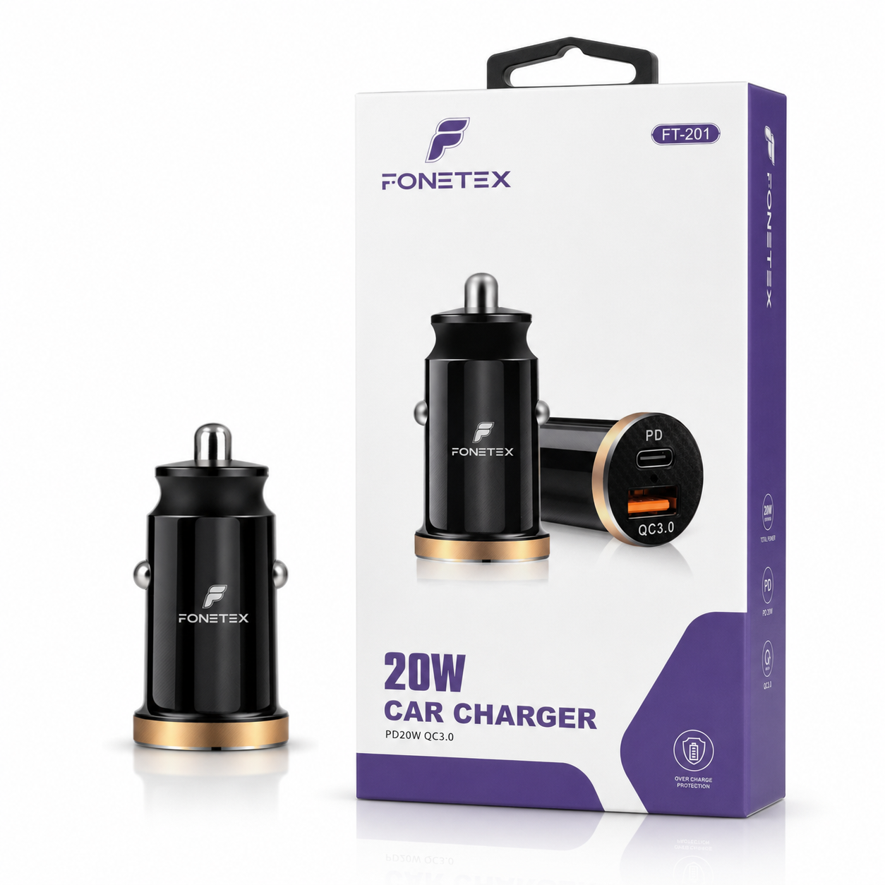 FoneTex 20W Autolader – USB-C PD & USB-A QC 3.0 – FT-201