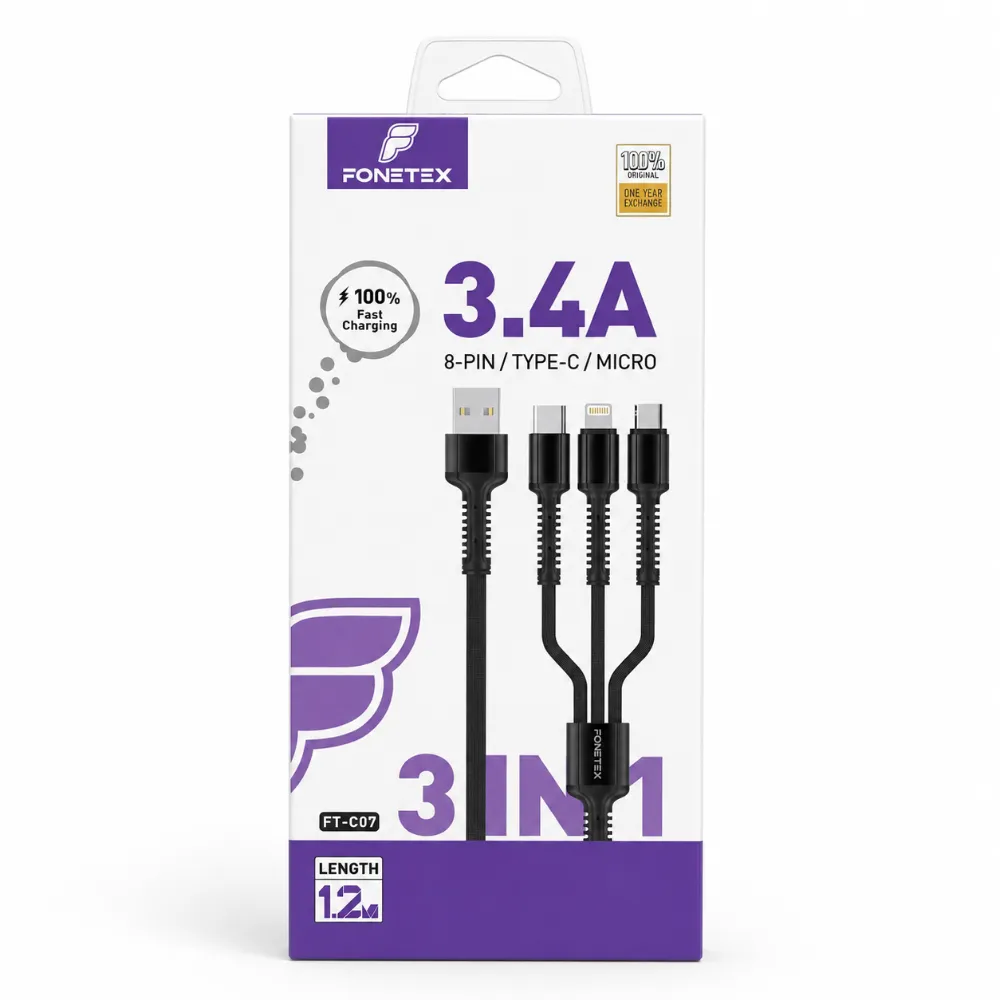 FoneTex 3-in-1 Oplaadkabel 3.4A 1,2 Meter – USB-C, Lightning & Micro-USB 1