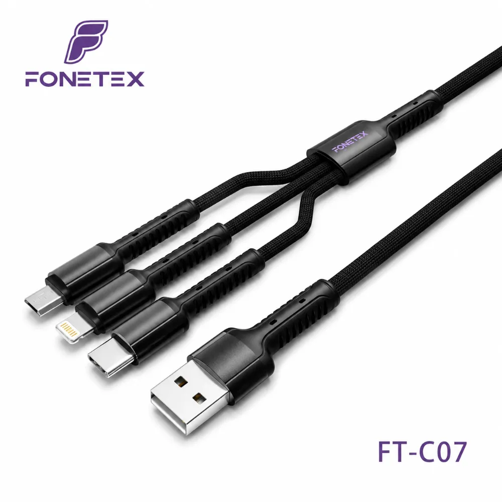 FoneTex 3-in-1 Oplaadkabel 3.4A 1,2 Meter – USB-C, Lightning & Micro-USB 1