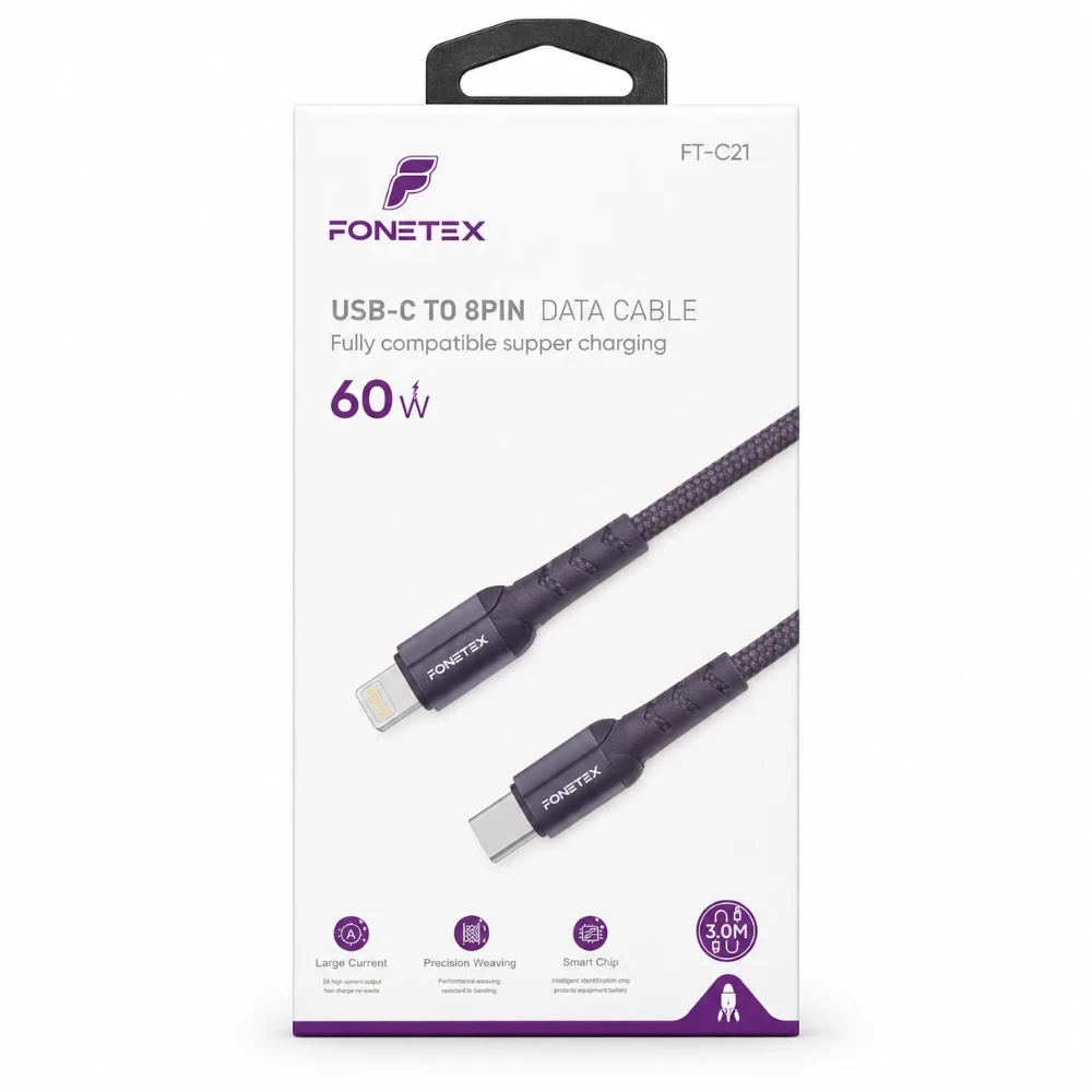 FoneTex USB-C naar Lightning Kabel 3 Meter – 8-pin Gevlochten Kabel FT-C21