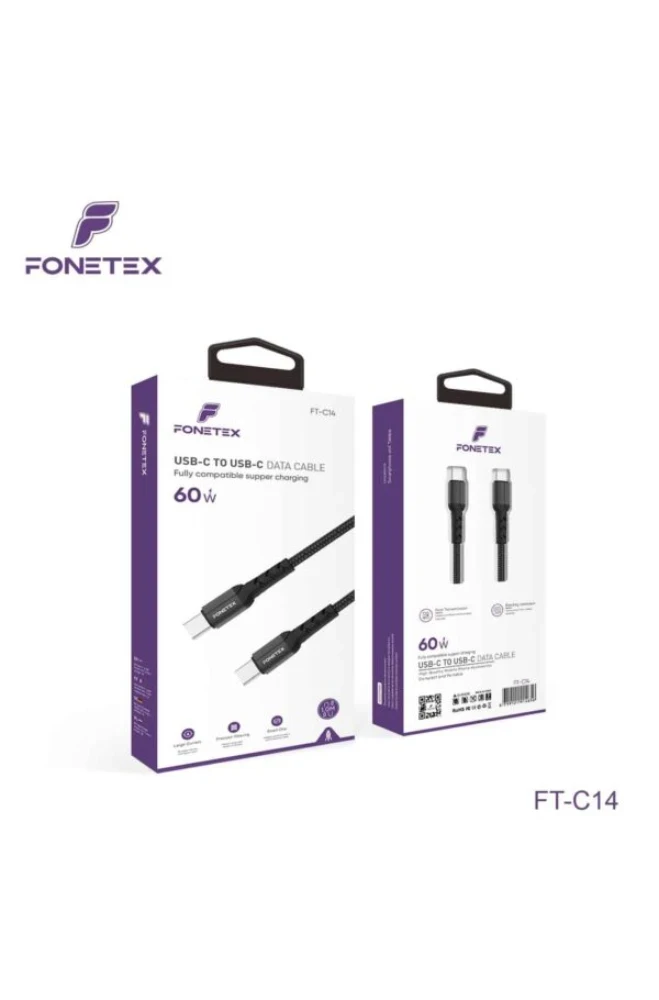 FoneTex USB-C naar USB-C Kabel 60W – Gevlochten Snellaadkabel 1 Meter FT-C14