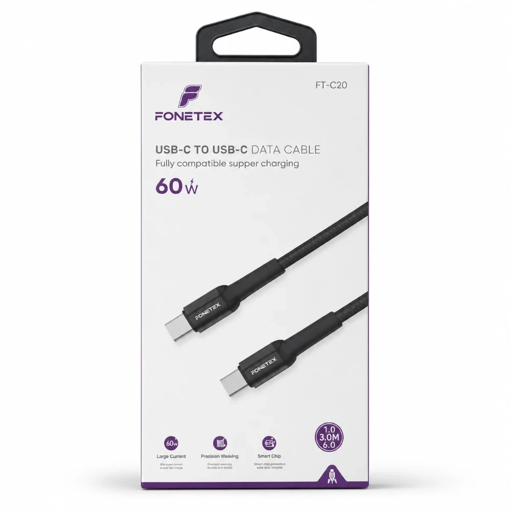 FoneTex USB-C naar USB-C Kabel 60W – Gevlochten Snellaadkabel 3 Meter FT-C20
