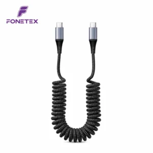 FoneTex Uitrekbare USB-C naar USB-C Kabel 60W – Gevlochten Spiraalkabel FT-C22