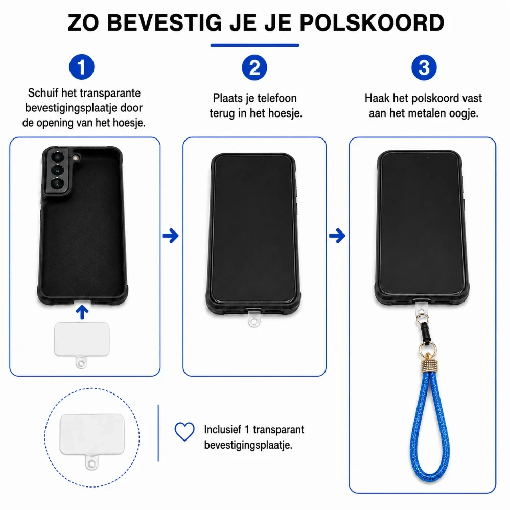 Universeel Telefoon Polskoord met Bevestigingsplaat – Afneembaar Smartphone Polsbandje Blauw 1