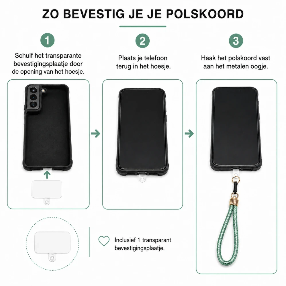 Universeel Telefoon Polskoord met Bevestigingsplaat – Afneembaar Smartphone Polsbandje Groen 1 - kopie