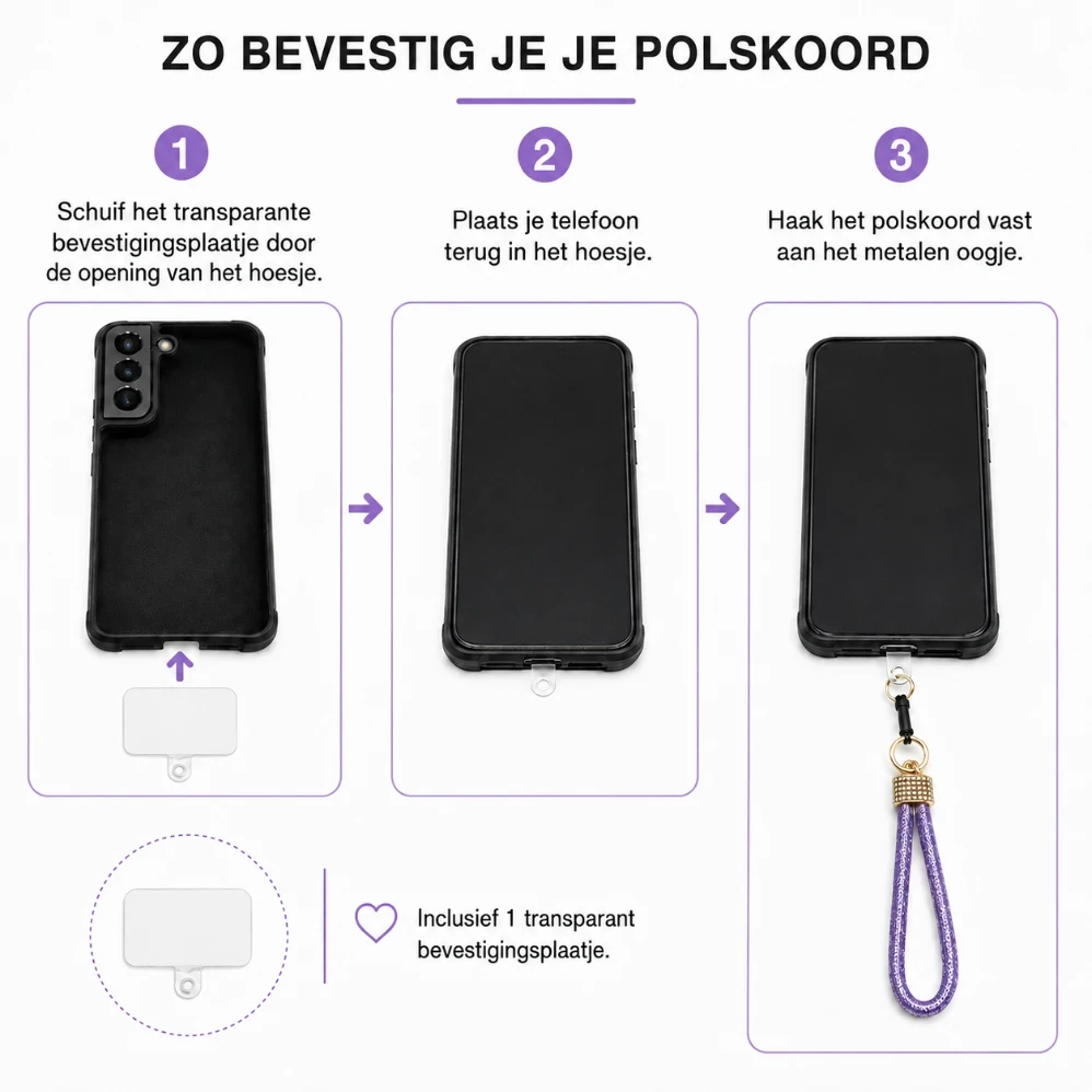 Universeel Telefoon Polskoord met Bevestigingsplaat – Afneembaar Smartphone Polsbandje Paars 1