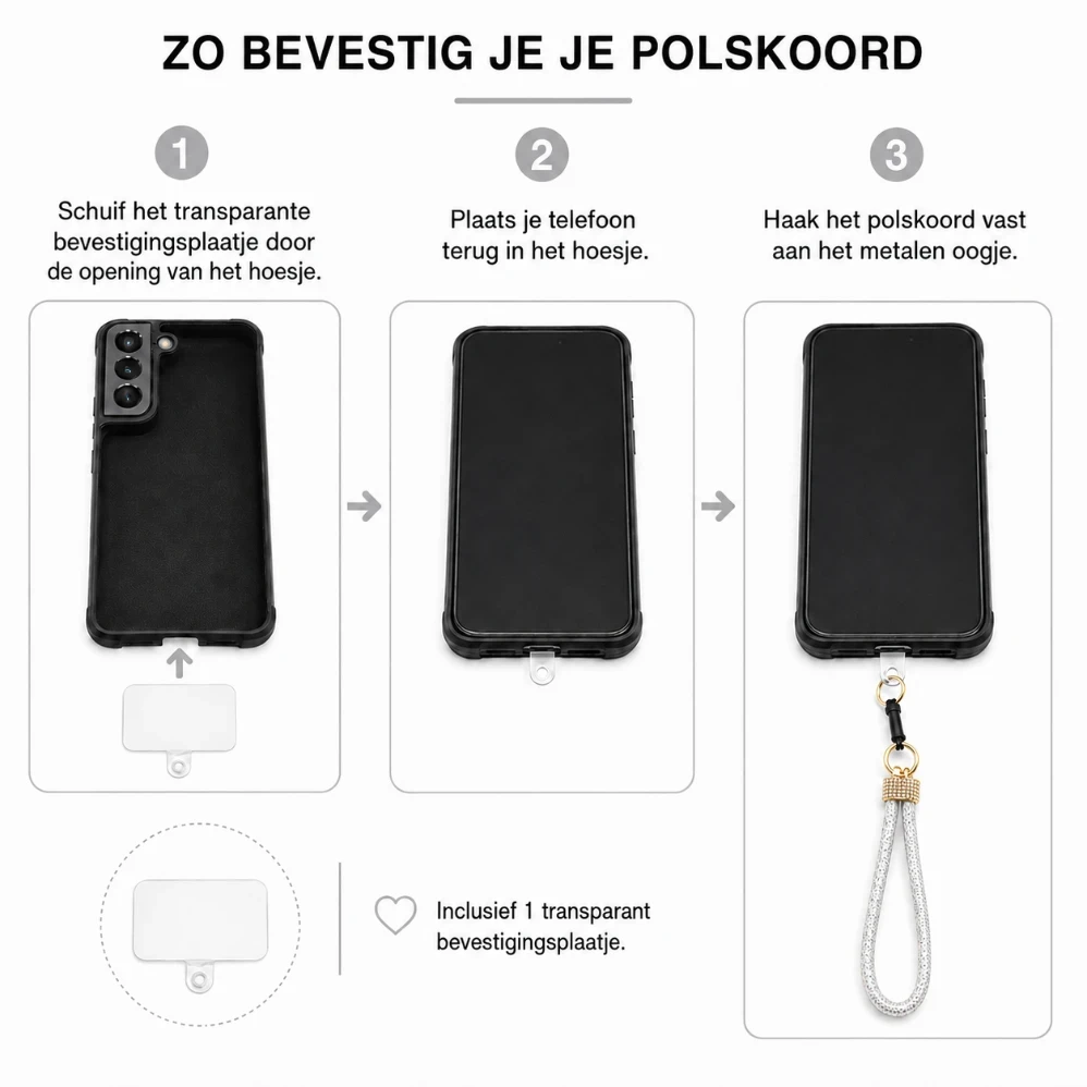 Universeel Telefoon Polskoord met Bevestigingsplaat – Afneembaar Smartphone Polsbandje Zilver