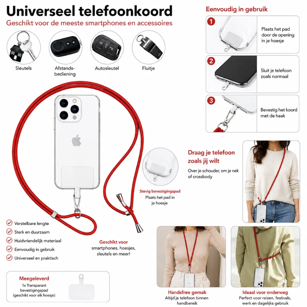 Universeel Verstelbaar Telefoonkoord met Bevestigingsplaat Rood