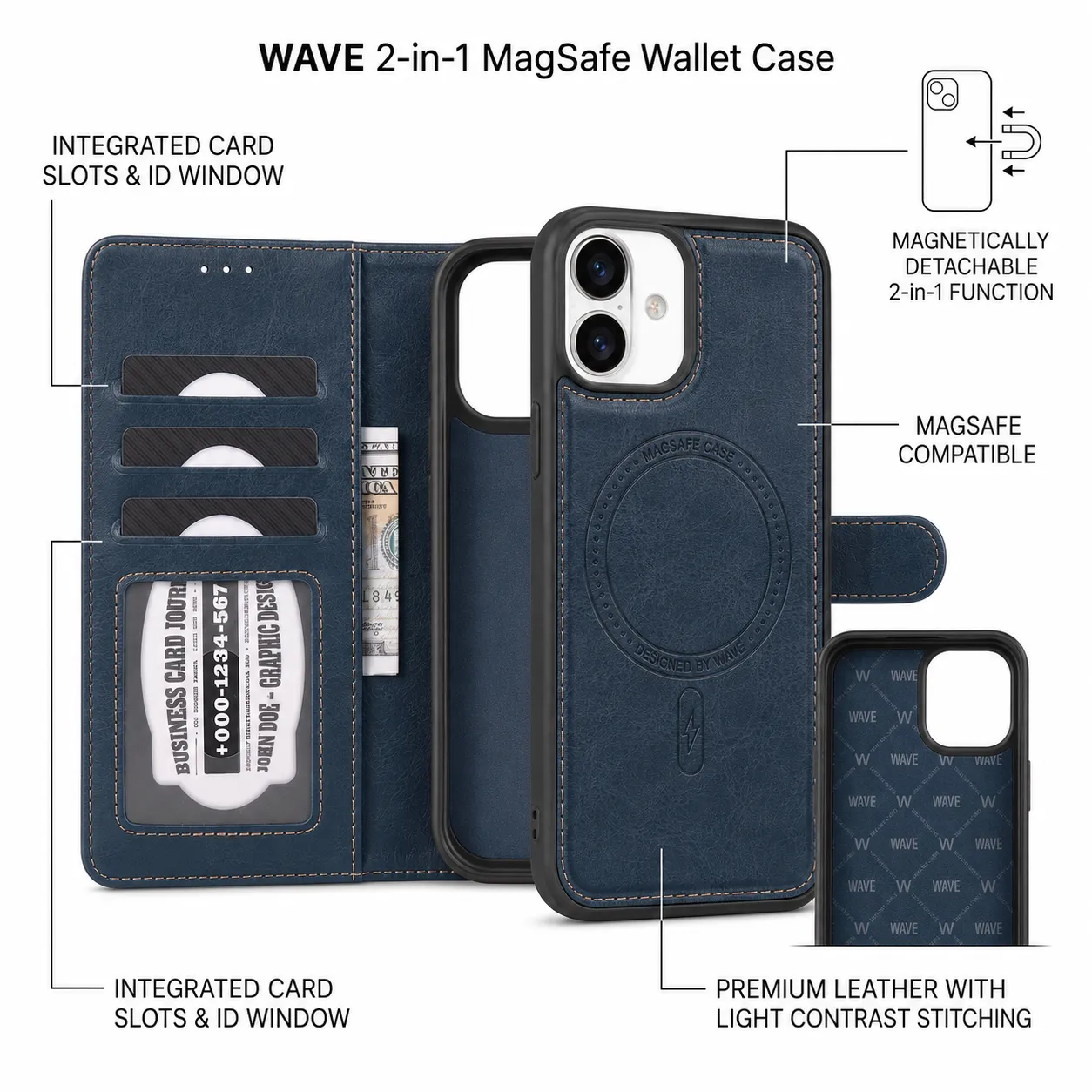 Wave iPhone 17 Hoesje 2-in-1 Wallet Book Case MagSafe Blauw 1