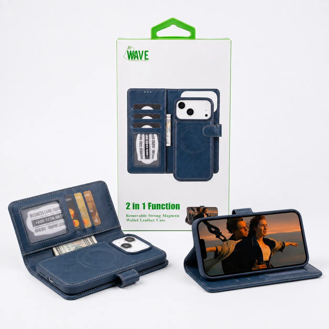 Wave iPhone 17 Hoesje 2-in-1 Wallet Book Case MagSafe Blauw 1