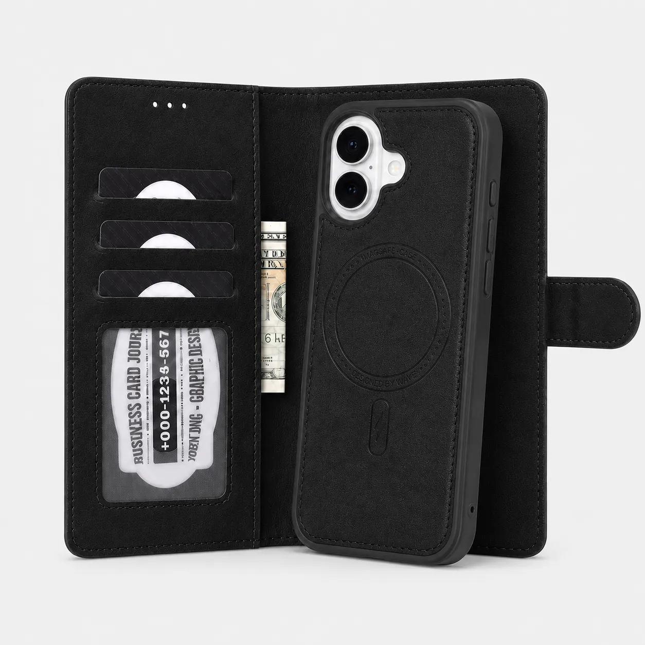 Wave iPhone 17 Hoesje 2-in-1 Wallet Book Case MagSafe Zwart 1