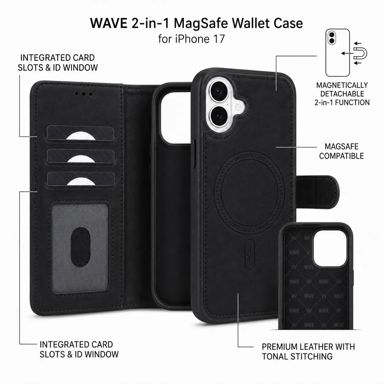 Wave iPhone 17 Hoesje 2-in-1 Wallet Book Case MagSafe Zwart 1