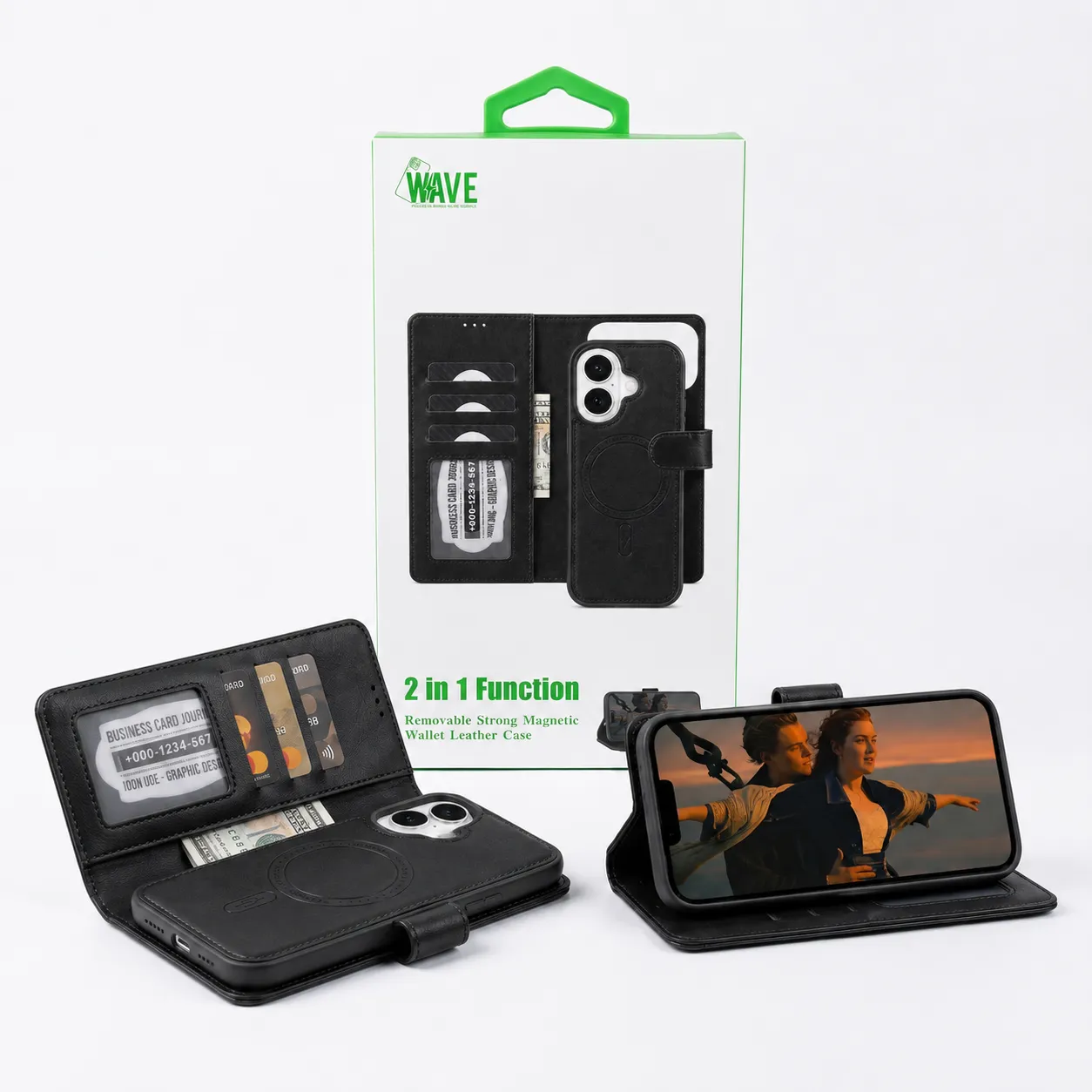 Wave iPhone 17 Hoesje 2-in-1 Wallet Book Case MagSafe Zwart 1