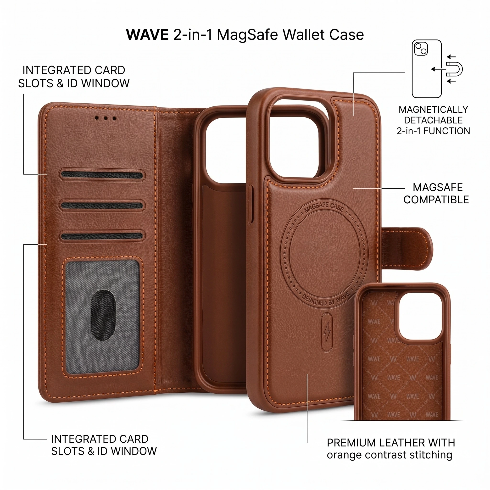 Wave iPhone 17 Pro Hoesje 2-in-1 Wallet Book Case MagSafe Bruin 2