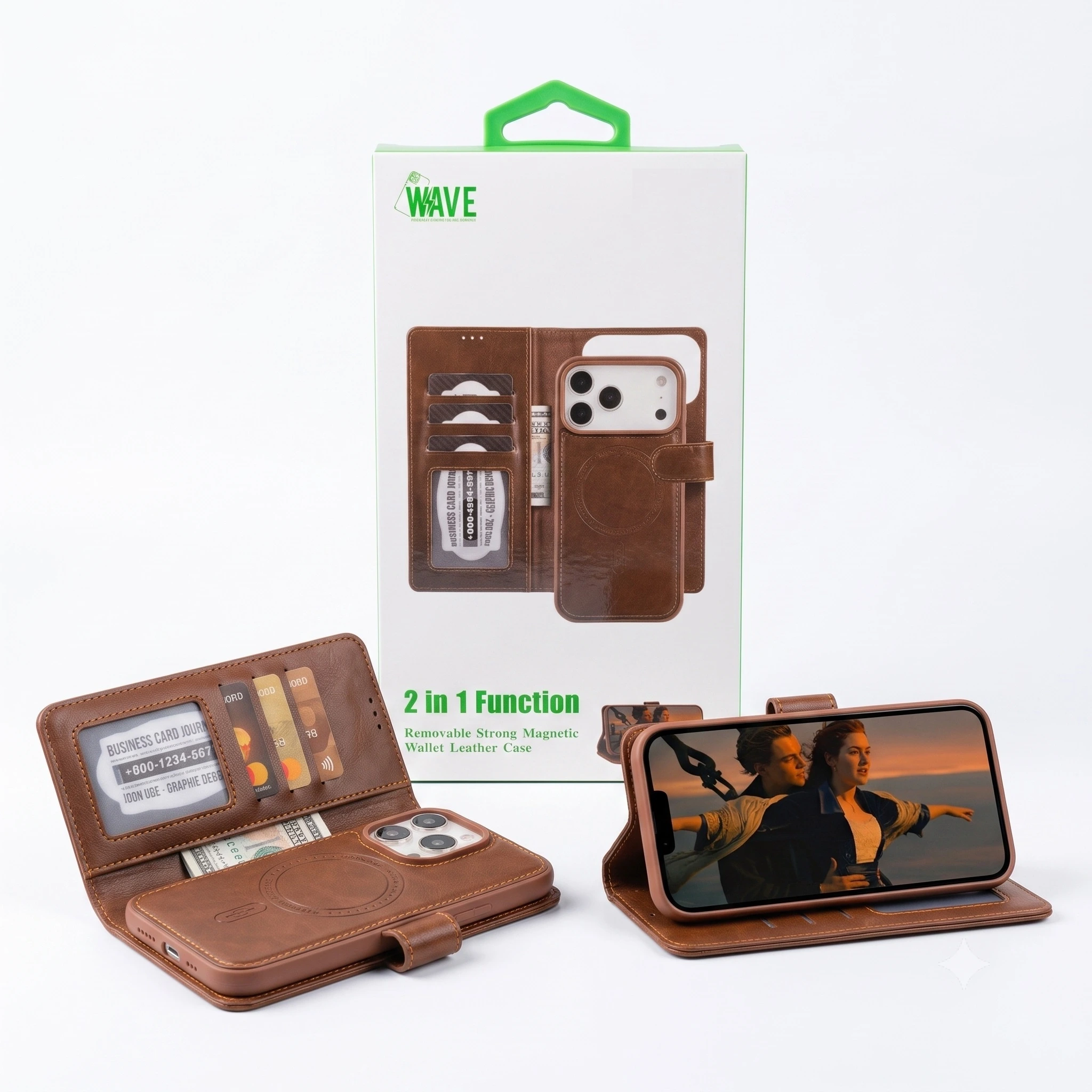 Wave iPhone 17 Pro Hoesje 2-in-1 Wallet Book Case MagSafe Bruin 2