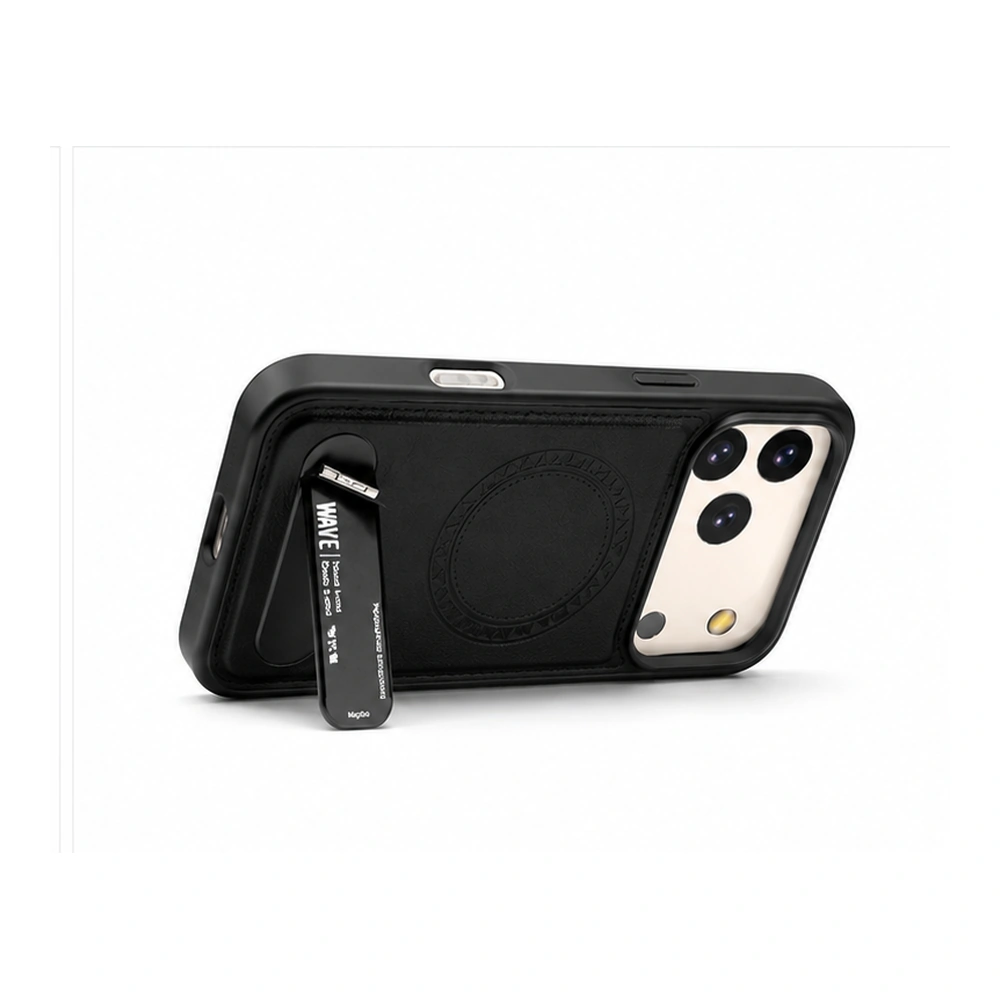 Wave iPhone 17 Pro Hoesje Premium Kunstleer MagSafe & Kickstand - Zwart