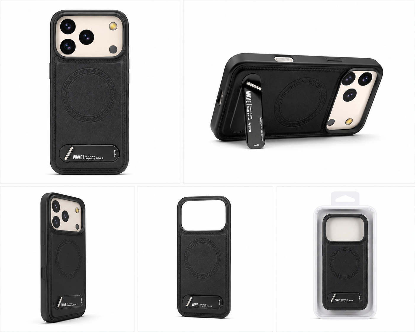 Wave iPhone 17 Pro Hoesje Premium Kunstleer MagSafe & Kickstand - Zwart