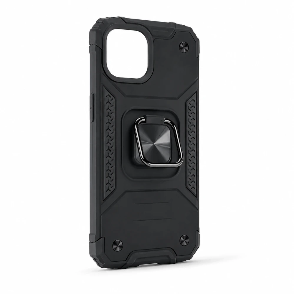 iPhone 15 Rugged Case met Verstelbare Ringstandaard – Zwart