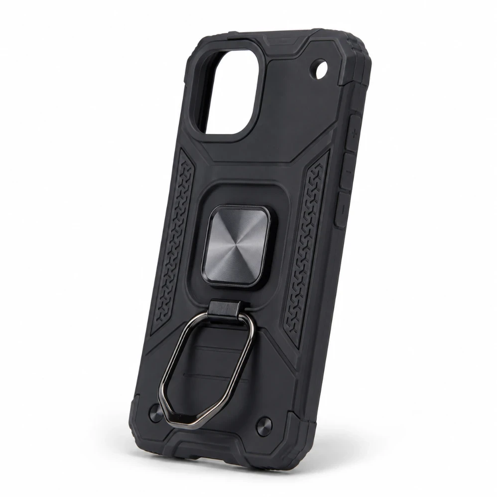 iPhone 15 Rugged Case met Verstelbare Ringstandaard – Zwart