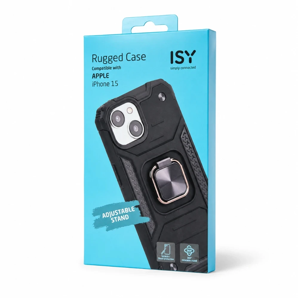 iPhone 15 Rugged Case met Verstelbare Ringstandaard – Zwart