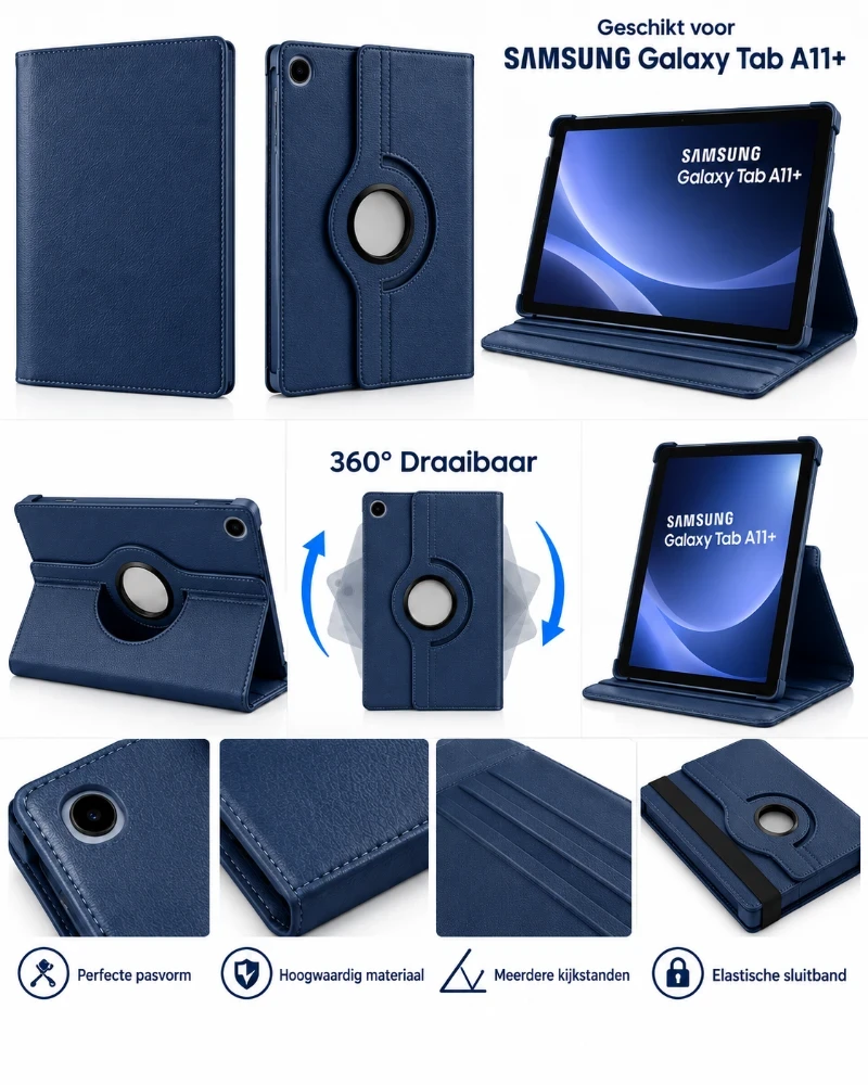 Samsung Galaxy Tab A11+ Hoes 360° Draaibare Book Case - Donkerblauw