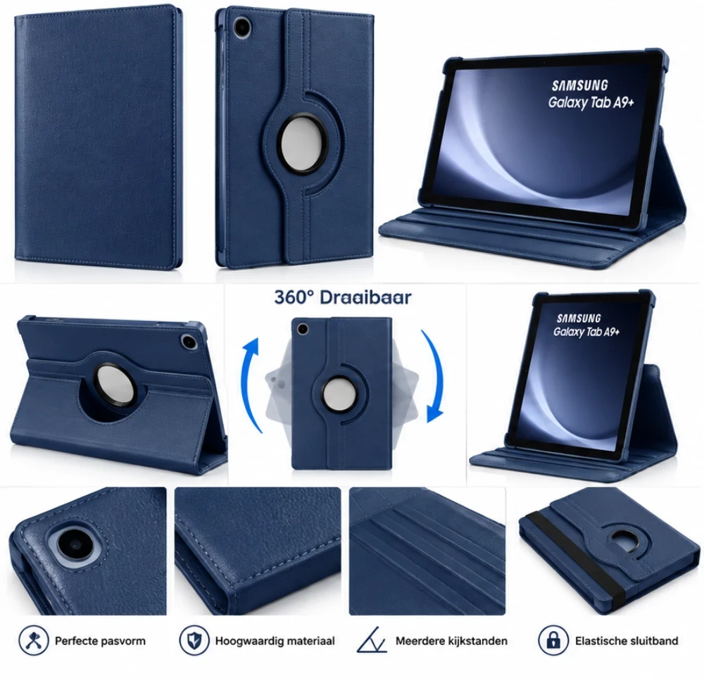 Samsung Galaxy Tab A9+ Hoes 360° Draaibare Book Case - Donkerblauw 3