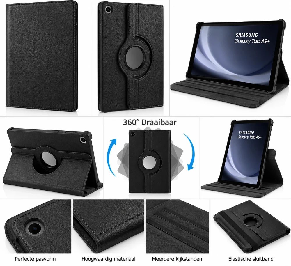 Samsung Galaxy Tab A9+ Hoes 360° Draaibare Book Case - zwart