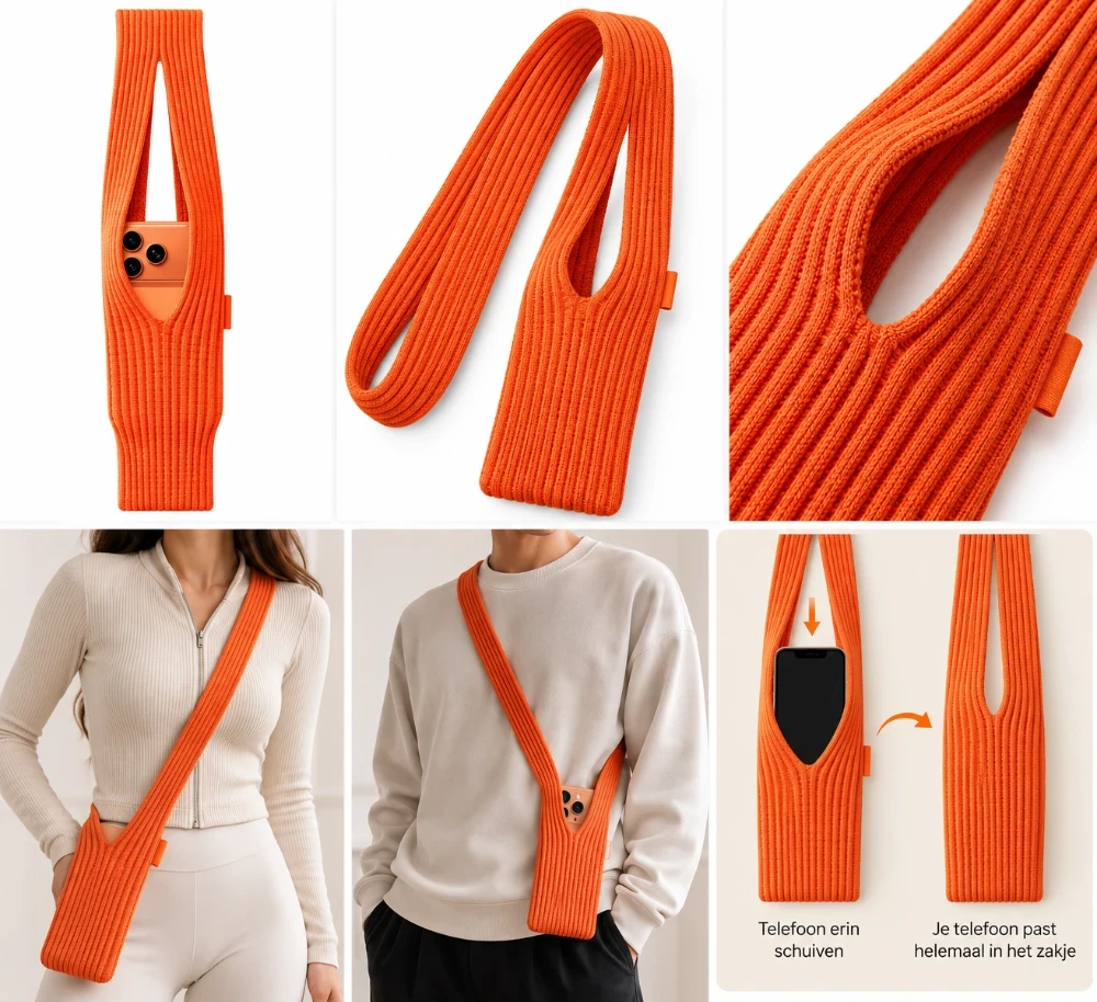 Universeel Telefoontasje met Draagkoord 80 cm – Stretch Telefoonhouder Oranje1