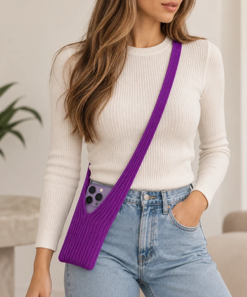 Universeel Telefoontasje met Draagkoord 80 cm – Stretch Telefoonhouder Paars 3